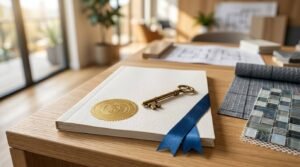Bathroom remodeling contract with gold key, design samples, and architectural plans on a wooden desk in a modern interior design workspace.