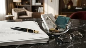 Home renovation contract with fountain pen, interior design material samples, and eyeglasses on a marble table in a luxury residential planning office