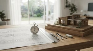 Architectural house model with blueprints, drafting tools, and a stopwatch on a planning desk