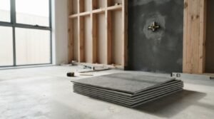 Stack of large-format grey porcelain floor tiles on a concrete subfloor in a bathroom under renovation, with exposed timber wall framing and waterproofed shower rough-in