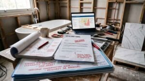 Bathroom renovation project with building permit documents, remodeling blueprints, contractor tools, laptop, and freestanding bathtub at a construction site