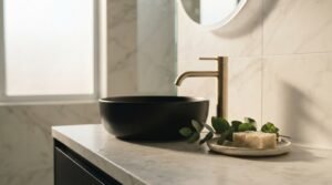 Modern bathroom vanity with black vessel sink and stone countertop in a luxury bathroom design