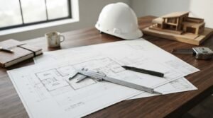 A vernier caliper, drafting pen, white construction hard hat, and architectural scale model resting across residential floor plan blueprints on a dark walnut desk
