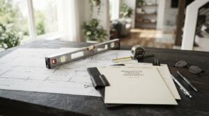 Renovation contractor hiring process with home remodeling blueprints, renovation services agreement, and construction planning tools