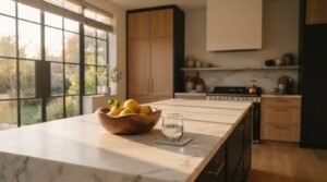 A carved wooden bowl filled with fresh lemons and a glass of water on a white marble waterfall kitchen island in a sunlit modern kitchen with light wood cabinetry and black-framed patio doors