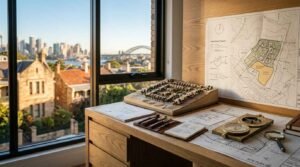 An architect's desk with an urban scale model, site plans, drafting instruments, and a pinned subdivision map next to a window overlooking the Sydney Harbour Bridge and city skyline