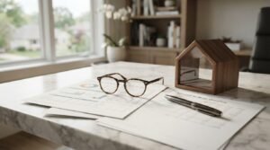 Home renovation financial planning with budget documents, house model, eyeglasses, and pen on a marble countertop