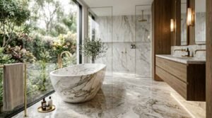 Luxury marble bathroom with freestanding stone bathtub, floating wood vanity, and walk in glass shower
