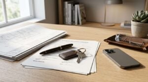 Real estate contract with house keys and pen on a desk