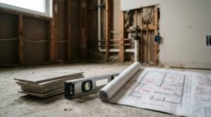Unfinished bathroom renovation with floor plans, tile samples, spirit level, and exposed plumbing during construction