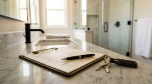 Completed bathroom renovation with final inspection checklist, house keys, marble vanity, matte black faucet, and modern walk-in shower