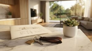A house key with a brass house keychain, a brown leather strap, and an architectural brochure next to a potted succulent on a marble kitchen island overlooking a sunlit modern living room