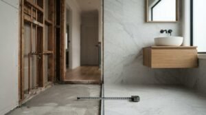 Bathroom renovation in progress with exposed plumbing and newly installed modern vanity