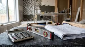 Construction cost estimation with calculator, spirit level, and architectural blueprints at a home renovation site