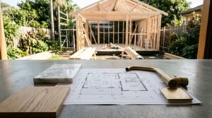 Architectural floor plans for a granny flat surrounded by marble, oak wood, and brushed brass fixture samples on a concrete counter overlooking a backyard timber frame build