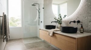 Modern bathroom renovation with double black vessel sinks, floating wood vanity, frameless glass shower, and illuminated round mirror