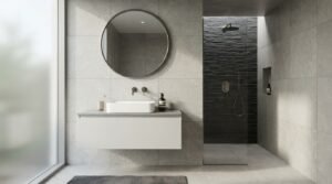 A minimalist modern bathroom featuring large light grey stone wall tiles, a floating white vanity with a vessel basin, a circular wall mirror, and a walk-in shower with a contrasting dark textured slate feature wall and gunmetal fixtures