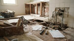 Bathroom demolition exposing hidden water damage, plumbing, and subfloor repairs with renovation budget documents