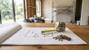 Construction progress payment planning with house blueprints, measuring tape, and keys on a renovation site