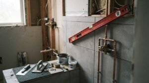 Bathroom renovation with gray wall tiles, exposed copper plumbing pipes, and construction tools during installation