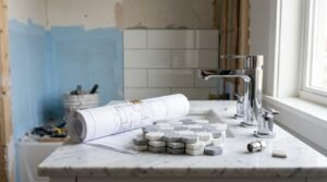 Bathroom renovation with chrome faucet, marble vanity top, tile samples, and rolled floor plans during installation