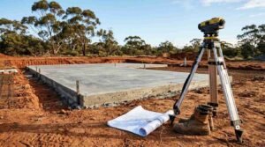 A builder's optical level on a tripod, work boots, and building blueprints set beside a newly poured concrete slab foundation on a rural construction site