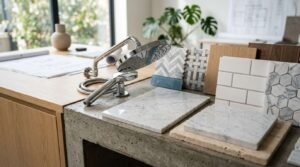 Bathroom renovation materials including shower fixtures, tile samples, stone slabs, and wood finishes displayed on a design workspace for remodeling and interior planning.