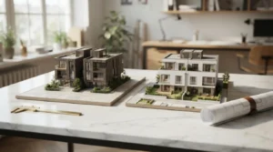 Architectural building models with blueprints on a design studio table