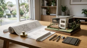 Modern house model with architectural floor plans and drafting tools on a designer's workspace