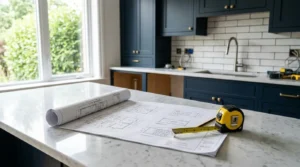 Kitchen renovation plans and measuring tape on quartz countertop during modern kitchen remodeling project