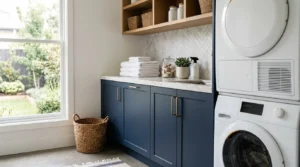 Modern laundry room with stacked washer and dryer, navy blue cabinets, marble countertop, open shelving, folded towels, and natural light from a large window