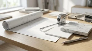 Laundry room renovation planning with blueprints, measuring tape, countertop samples, and design materials on a table