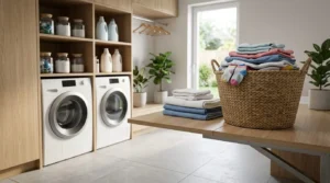 Modern laundry room with built-in wood cabinetry, front-load washer and dryer, woven laundry basket filled with folded clothes, organized shelving, and a spacious folding table