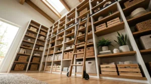 Custom floor-to-ceiling storage wall with built-in shelving, rolling library ladder, and organized baskets for modern home organization