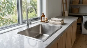Modern laundry room with a deep stainless steel utility sink, chrome faucet, stone countertop, and custom wood cabinetry