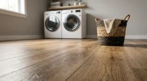 Modern laundry room with durable wood-look vinyl flooring, front-load washer and dryer, and woven laundry basket showcasing a stylish, low-maintenance flooring solution