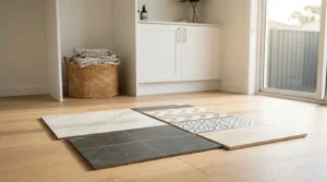 Floor tile samples for a modern Sydney laundry room featuring marble, stone, patterned, and herringbone tile designs