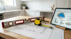 Professional laundry room renovation planning with floor plan, measuring tools, spirit level, and waterproofing installation diagrams