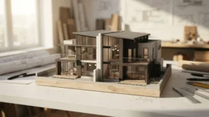 Modern duplex house architectural model on a design studio desk with blueprints and drafting tools representing residential architecture, home design, and real estate development