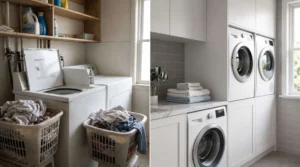 Before and after laundry room renovation showing an outdated laundry space transformed into a modern laundry room with custom white cabinetry, stacked washer and dryer, marble countertop, and built-in storage