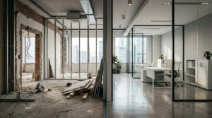 Office renovation before and after comparison showing commercial demolition, metal framing, and a completed modern office fit-out with glass partitions