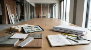 Office renovation cost breakdown with construction plans, material samples, and budgeting tools on a conference table