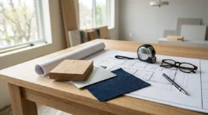 Office renovation planning desk with blueprints, material samples, measuring tape, and construction tools for a commercial workspace