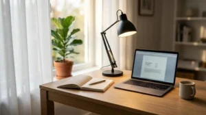 Home office lighting design with a desk lamp, laptop, notebook, and natural daylight for a productive workspace