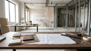 Commercial office renovation in progress with exposed metal wall framing, electrical wiring, construction scaffolding, and a worktable displaying architectural blueprints, material samples, measuring tools, and layout supplies for interior planning