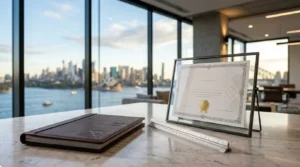 Modern corporate office with floor-to-ceiling windows overlooking a city skyline, featuring a framed professional certificate, portfolio, and architect's scale on a conference table, conveying office renovation expertise and professional credentials
