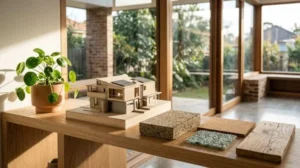 Sustainable home renovation planning display featuring an architectural house model with rooftop solar panels, eco-friendly building material samples, and a potted plant on a wooden table inside a bright, energy-efficient living space with large windows and abundant natural light