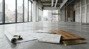 Interior renovation blueprints, material samples, and flooring options in an unfinished commercial office space