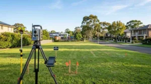 Residential land survey equipment on a vacant suburban lot with boundary markers, showcasing site surveying, land subdivision, and property development planning