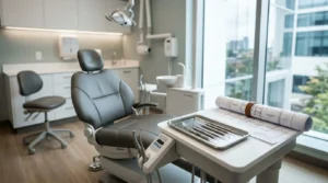 Modern dental clinic treatment room with a dental chair, examination light, instrument tray, and rolled renovation plans on a mobile workstation, highlighting the planning and fit-out of a contemporary dental practice with large windows and clinical finishes